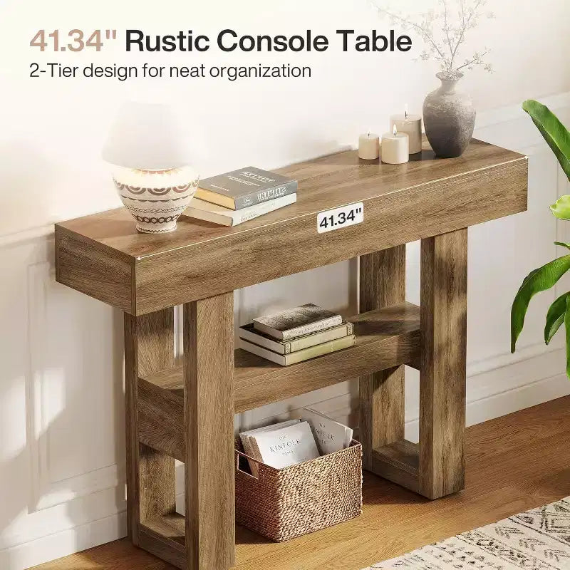 Lantine 41.34 Tavolo Consolle Rustico con 2 Ripiani Contenitori, Mobile Divano Stretto Marrone Chiaro per Foyer, Salotto, Ingresso, Corridoio.