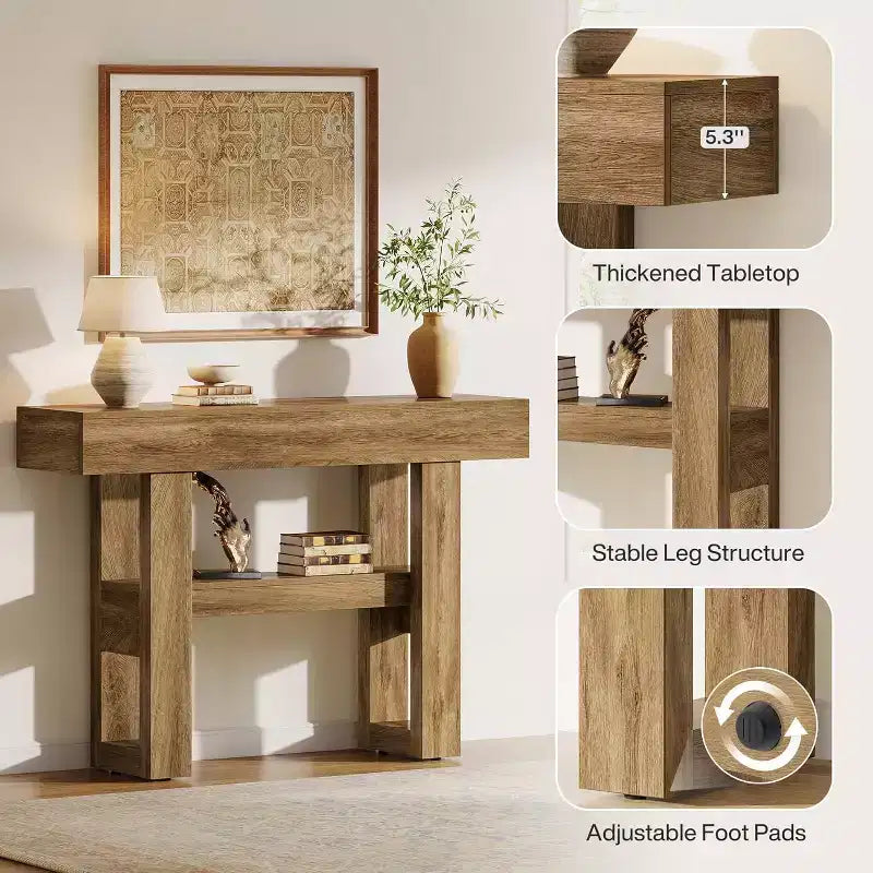 Lantine 41.34 Tavolo Consolle Rustico con 2 Ripiani Contenitori, Mobile Divano Stretto Marrone Chiaro per Foyer, Salotto, Ingresso, Corridoio.