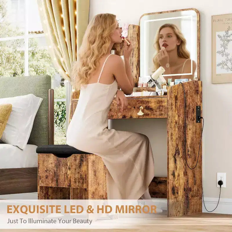 Toeletta con Specchio, Set Tavolo da Trucco Piccolo con Cassetti Portaoggetti e Sedia, 3 Modalità di Illuminazione, Tavolo da Trucco per Donne e Ragazze