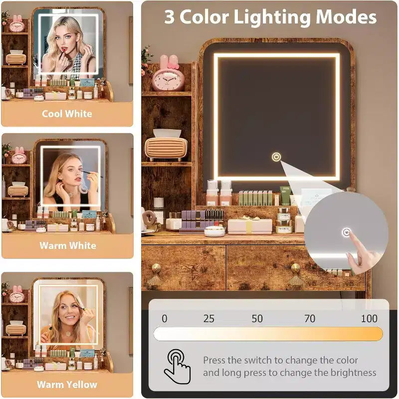 Toeletta con Specchio, Set Tavolo da Trucco Piccolo con Cassetti Portaoggetti e Sedia, 3 Modalità di Illuminazione, Tavolo da Trucco per Donne e Ragazze