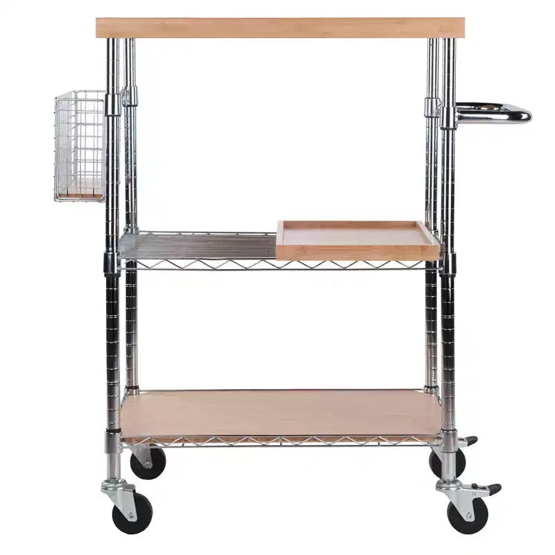Carrello da Cucina Medera Naturale: Piano in bambù, Struttura cromata, Ruote con blocco, Portabottiglie