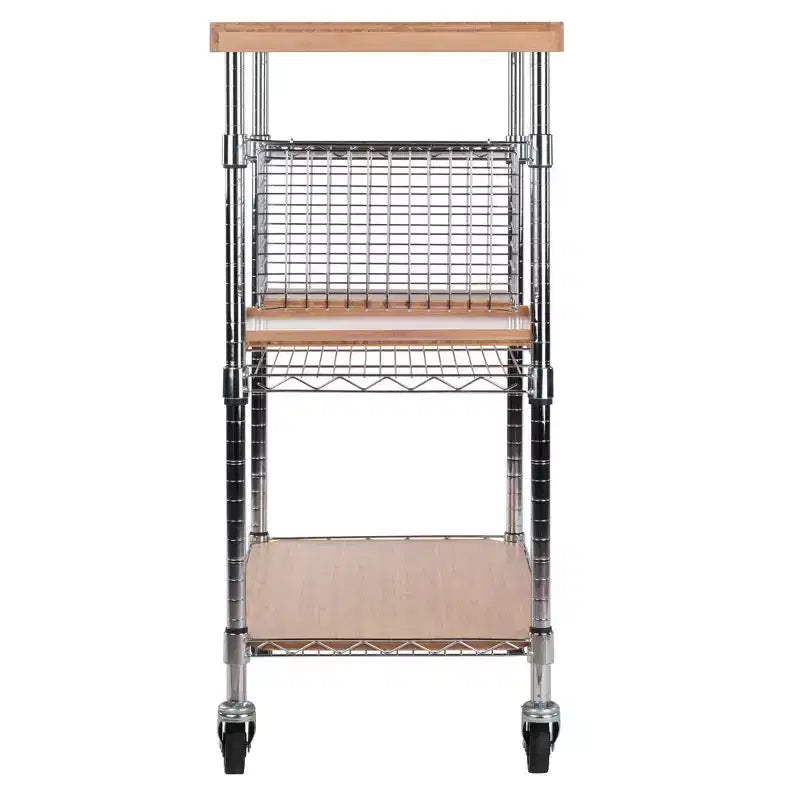 Carrello da Cucina Medera Naturale: Piano in bambù, Struttura cromata, Ruote con blocco, Portabottiglie
