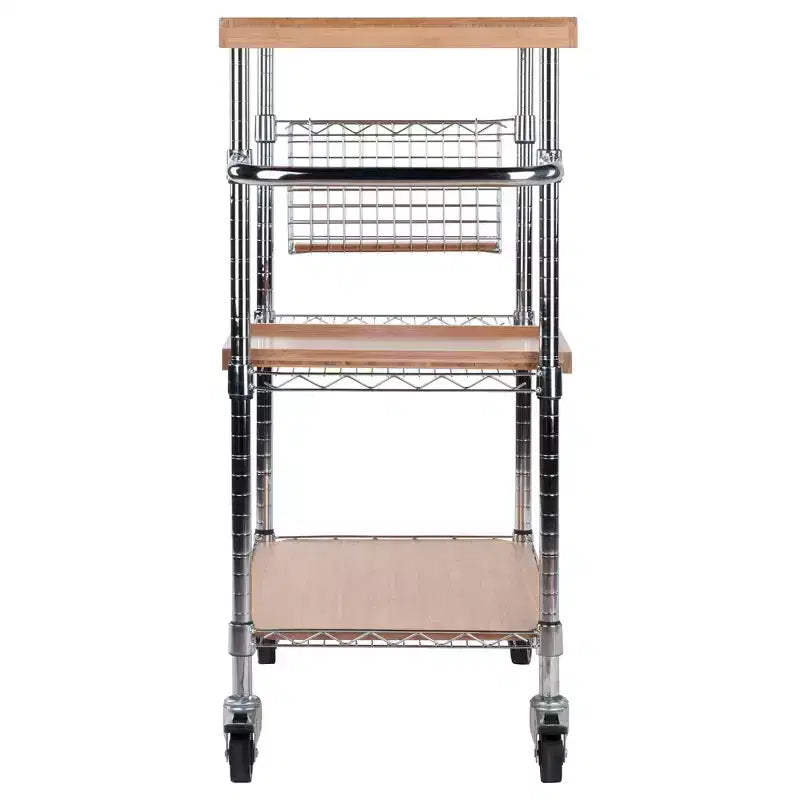 Carrello da Cucina Medera Naturale: Piano in bambù, Struttura cromata, Ruote con blocco, Portabottiglie