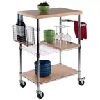Carrello da Cucina Medera Naturale: Piano in bambù, Struttura cromata, Ruote con blocco, Portabottiglie