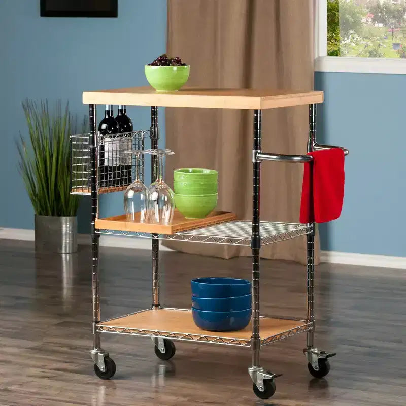 Carrello da Cucina Medera Naturale: Piano in bambù, Struttura cromata, Ruote con blocco, Portabottiglie
