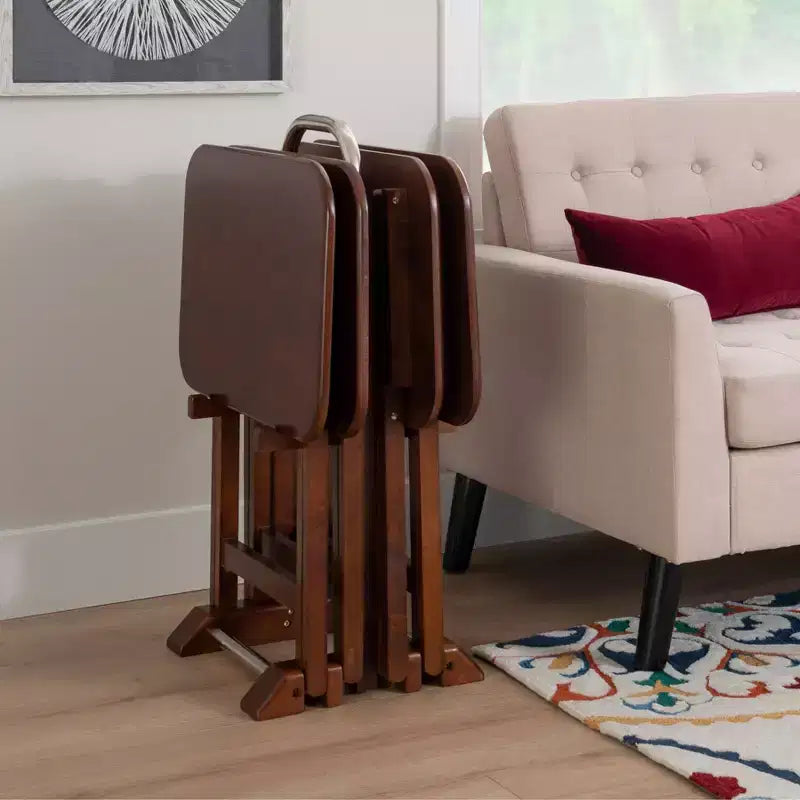 Tavolini Vassoi Pieghevoli da Divano Grant 5 pz Ciliegio Scuro/Cromo: Set da 4 con Supporto, Finitura in Legno MDF