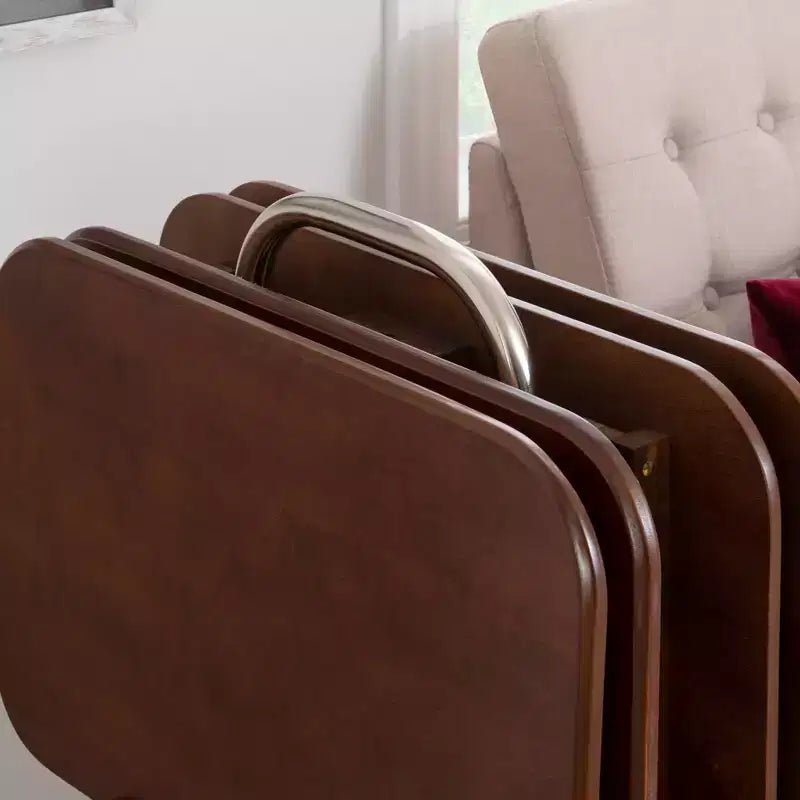 Tavolini Vassoi Pieghevoli da Divano Grant 5 pz Ciliegio Scuro/Cromo: Set da 4 con Supporto, Finitura in Legno MDF