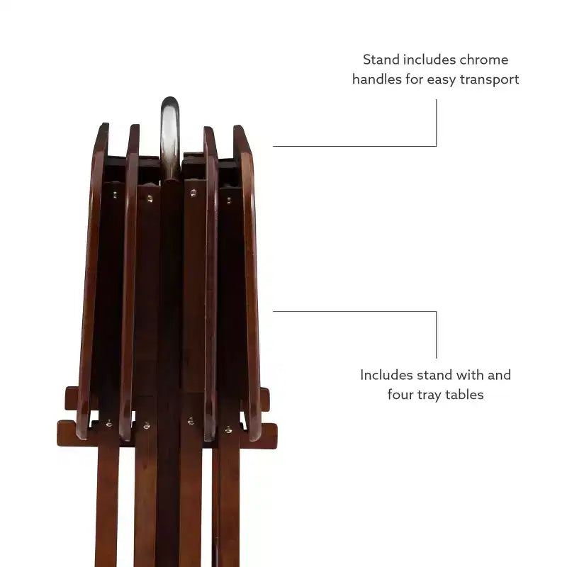 Tavolini Vassoi Pieghevoli da Divano Grant 5 pz Ciliegio Scuro/Cromo: Set da 4 con Supporto, Finitura in Legno MDF