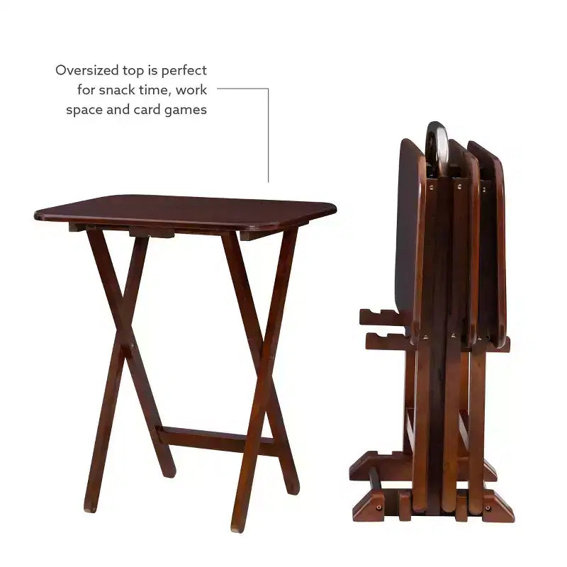 Tavolini Vassoi Pieghevoli da Divano Grant 5 pz Ciliegio Scuro/Cromo: Set da 4 con Supporto, Finitura in Legno MDF