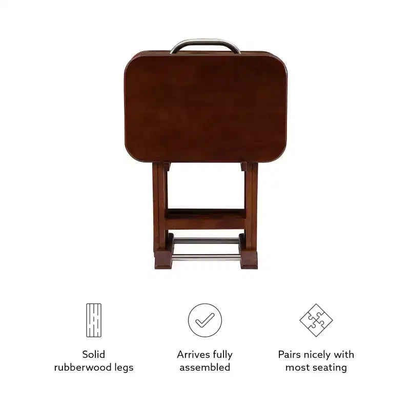 Tavolini Vassoi Pieghevoli da Divano Grant 5 pz Ciliegio Scuro/Cromo: Set da 4 con Supporto, Finitura in Legno MDF