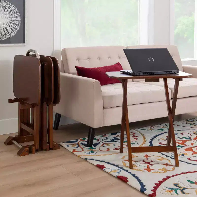 Tavolini Vassoi Pieghevoli da Divano Grant 5 pz Ciliegio Scuro/Cromo: Set da 4 con Supporto, Finitura in Legno MDF