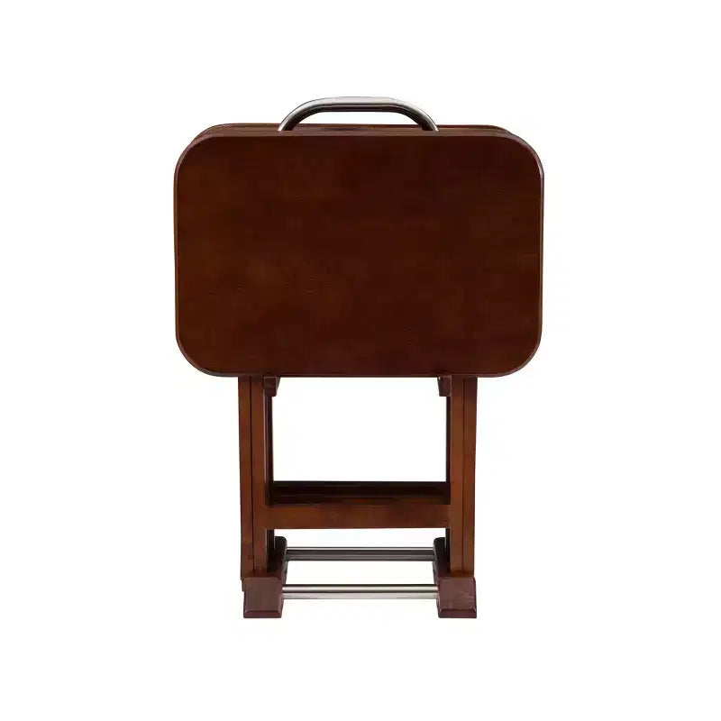 Tavolini Vassoi Pieghevoli da Divano Grant 5 pz Ciliegio Scuro/Cromo: Set da 4 con Supporto, Finitura in Legno MDF
