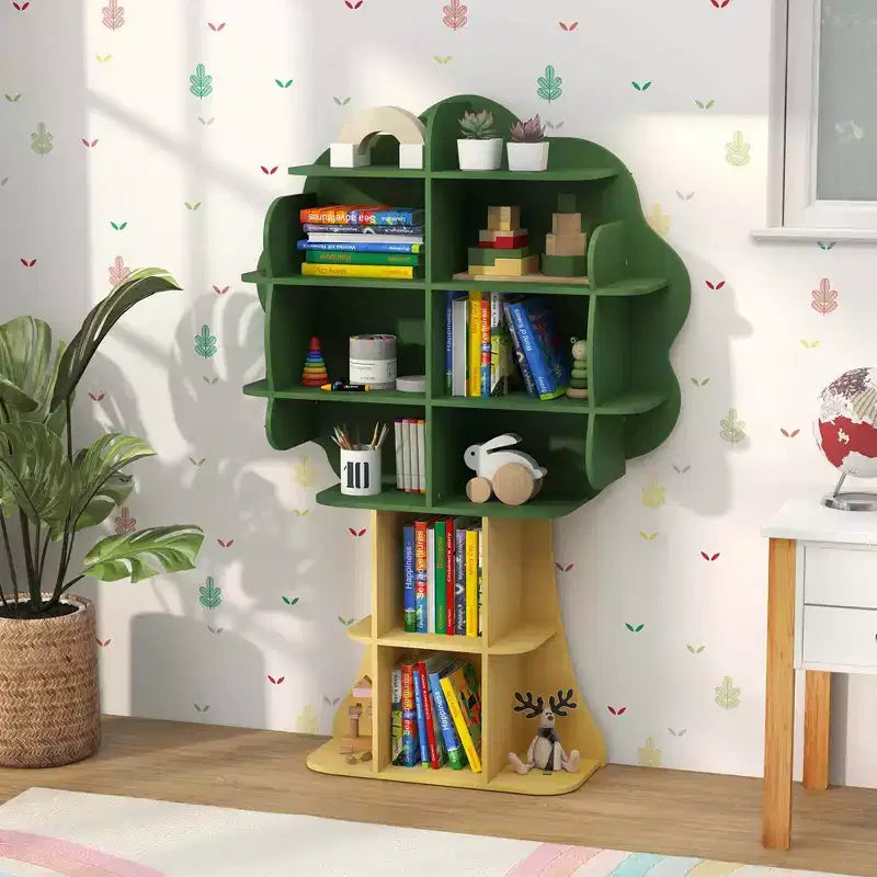 Libreria a forma di albero per bambini, organizer giocattoli a 6 ripiani con scomparti a giorno