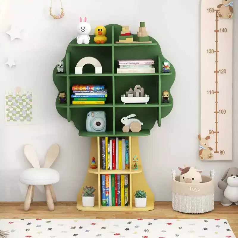 Libreria a forma di albero per bambini, organizer giocattoli a 6 ripiani con scomparti a giorno