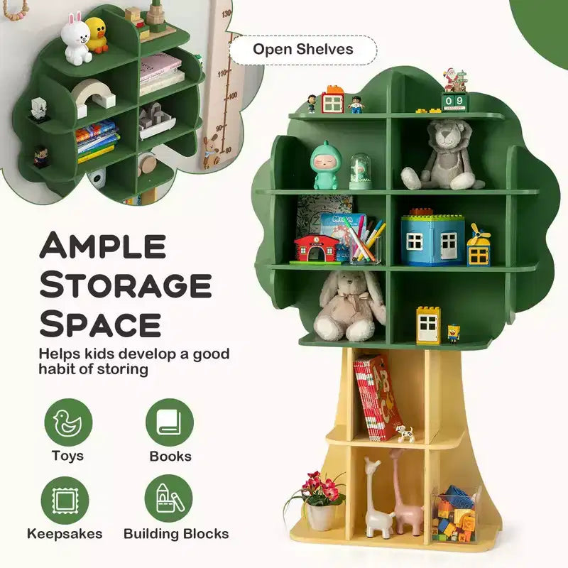 Libreria a forma di albero per bambini, organizer giocattoli a 6 ripiani con scomparti a giorno