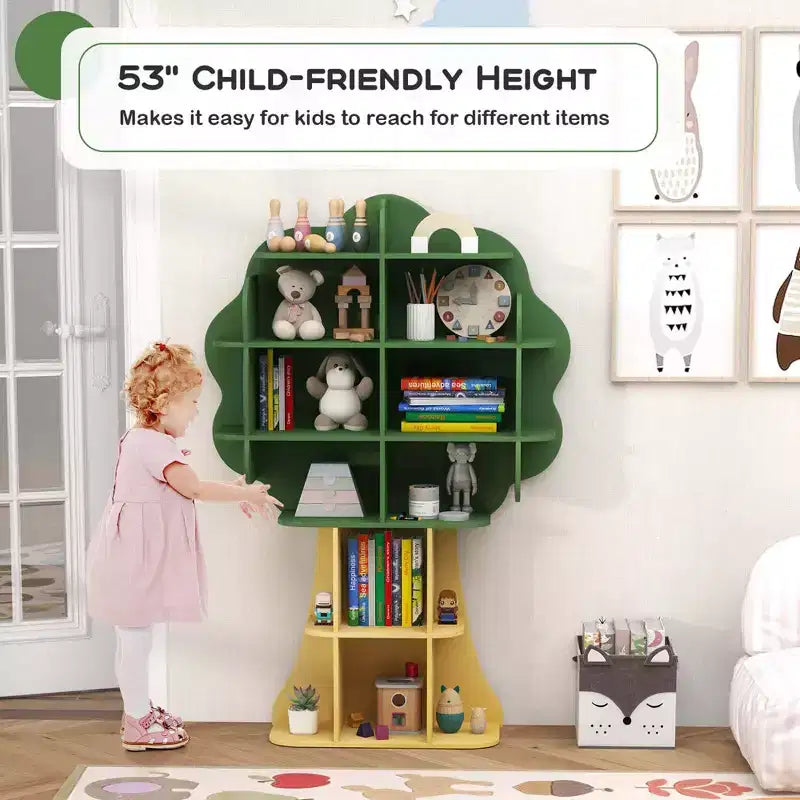 Libreria a forma di albero per bambini, organizer giocattoli a 6 ripiani con scomparti a giorno